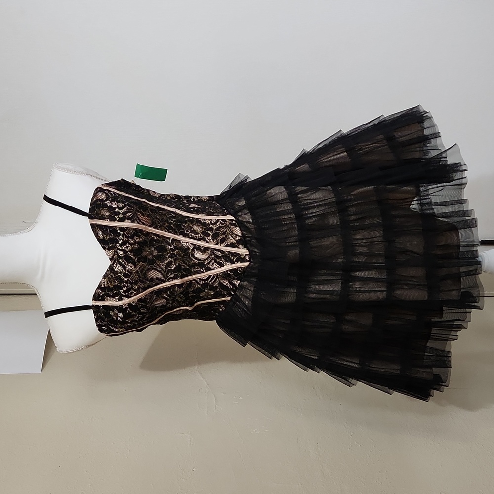 Sz 4 black and gold tiered tulle tutu style cocktail dress w/ add on ribbon stra